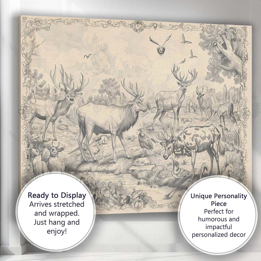 Antique Woodland Deer Wildlife Engraving Illustration Canvas Wall Art Print Decor Picture Ready to Hang