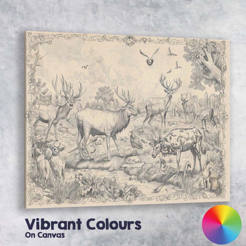 Antique Woodland Deer Wildlife Engraving Illustration Canvas Wall Art Print Decor Picture Ready to Hang