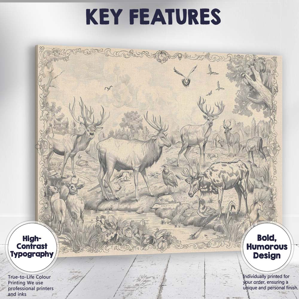 Antique Woodland Deer Wildlife Engraving Illustration Canvas Wall Art Print Decor Picture Ready to Hang