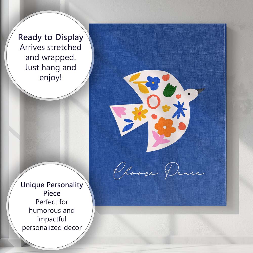 Scandinavian Floral Dove Choose Peace Typography Canvas Wall Art Print Decor Picture Ready to Hang
