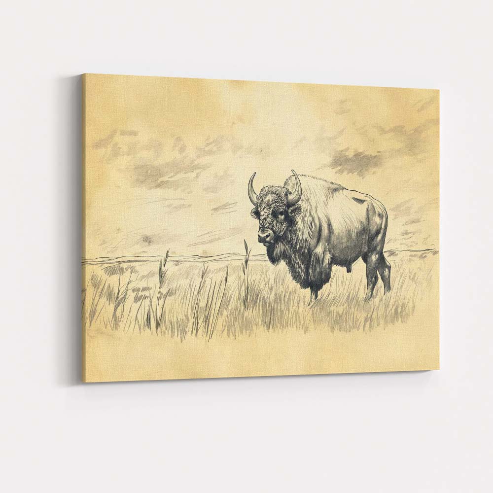 Classic Bison Wildlife Pencil Drawing Prairie Canvas Wall Art Print Decor Picture Ready to Hang