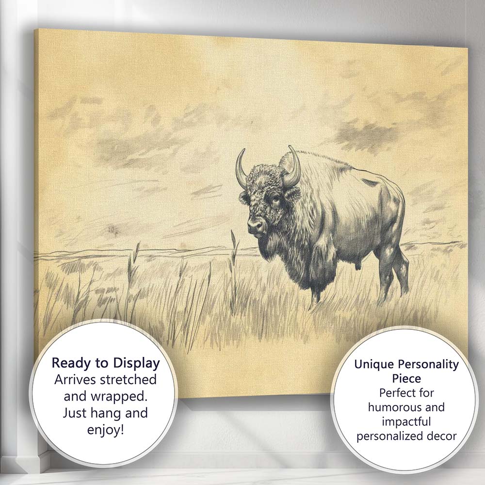 Classic Bison Wildlife Pencil Drawing Prairie Canvas Wall Art Print Decor Picture Ready to Hang