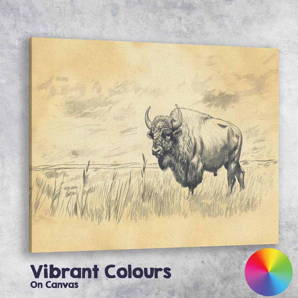 Classic Bison Wildlife Pencil Drawing Prairie Canvas Wall Art Print Decor Picture Ready to Hang
