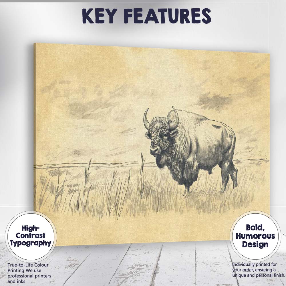 Classic Bison Wildlife Pencil Drawing Prairie Canvas Wall Art Print Decor Picture Ready to Hang