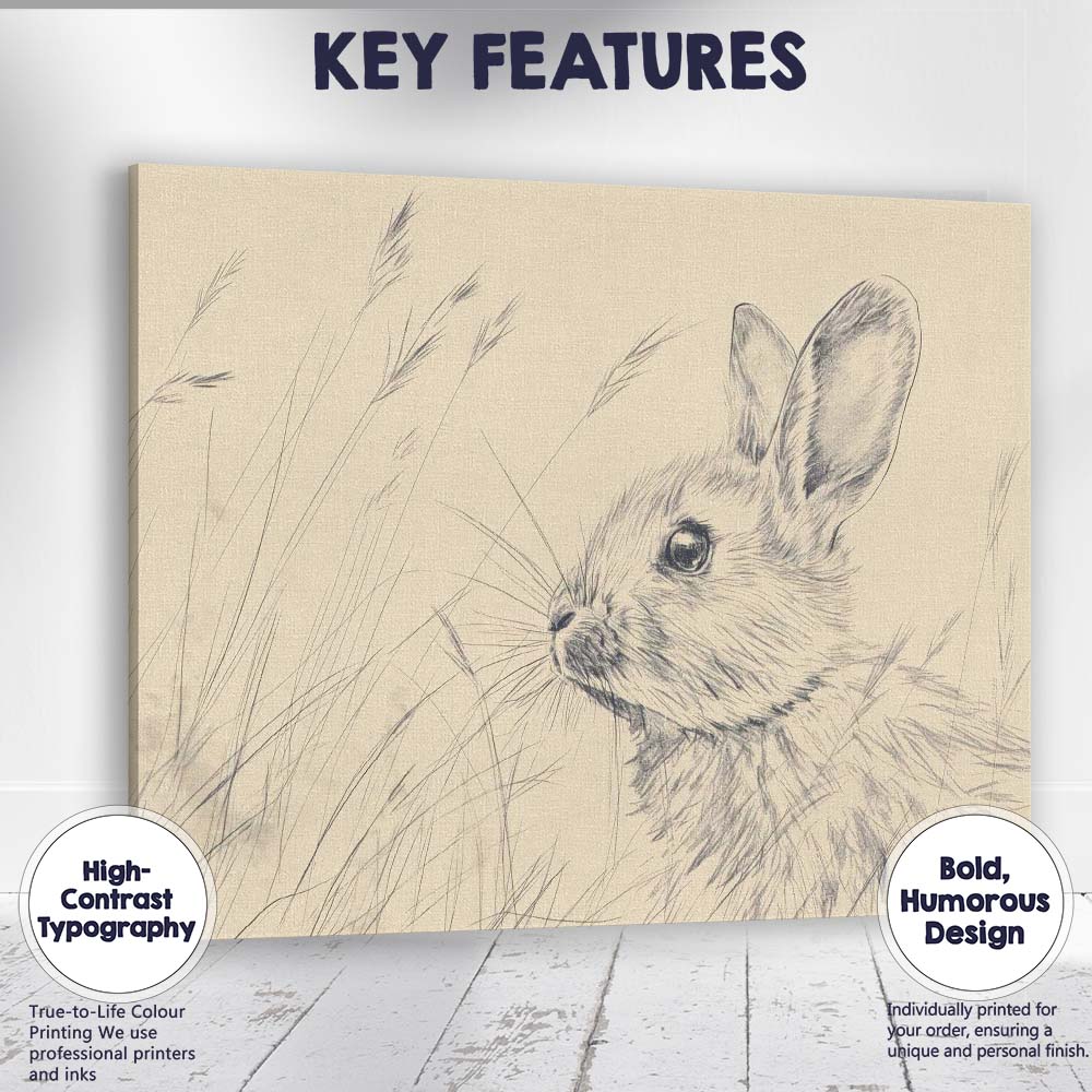Delicate Rabbit Pencil Sketch Meadow Wildlife Canvas Wall Art Print Decor Picture Ready to Hang