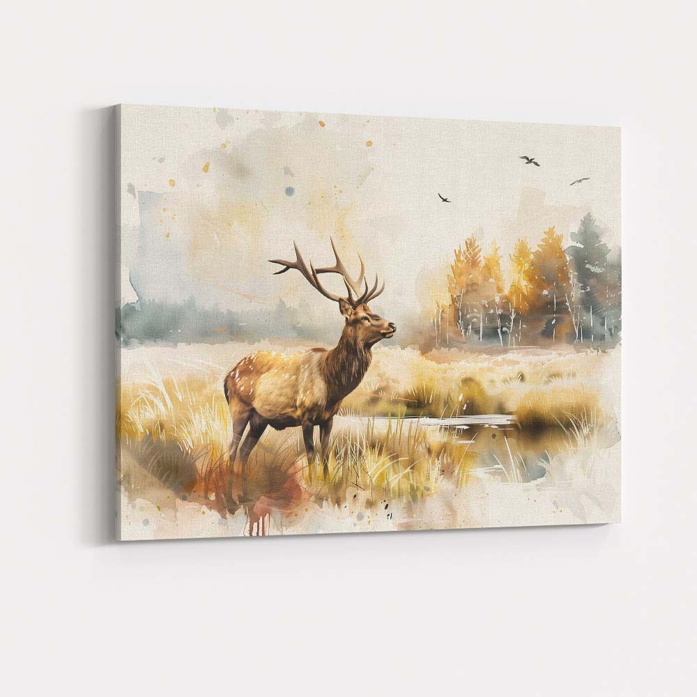 Golden Watercolour Red Deer Woodland Landscape Canvas Wall Art Print Decor Picture Ready to Hang