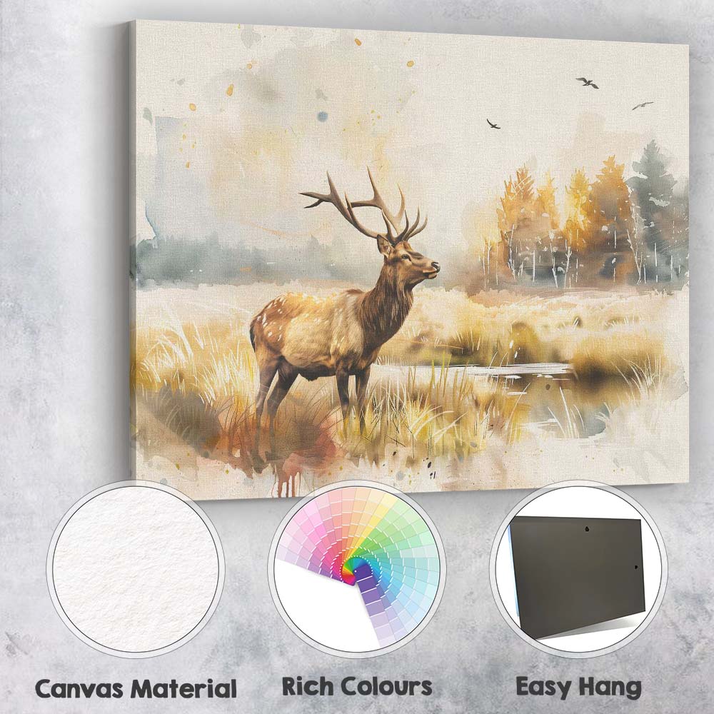 Golden Watercolour Red Deer Woodland Landscape Canvas Wall Art Print Decor Picture Ready to Hang