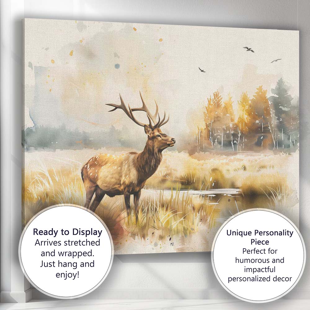 Golden Watercolour Red Deer Woodland Landscape Canvas Wall Art Print Decor Picture Ready to Hang