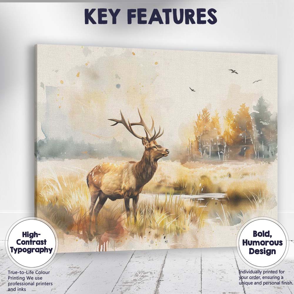 Golden Watercolour Red Deer Woodland Landscape Canvas Wall Art Print Decor Picture Ready to Hang