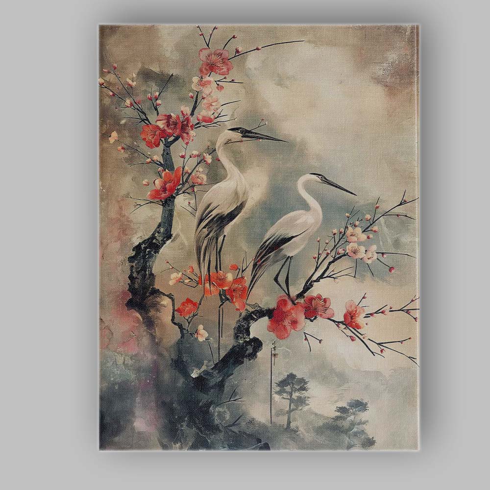 Japanese Cherry Blossom Cranes Oriental Nature Painting Canvas Wall Art Print Decor Picture Ready to Hang