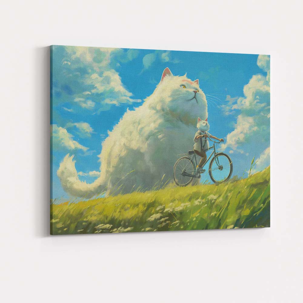 Whimsical Giant White Cat Cycling Countryside Fantasy Canvas Wall Art Print Decor Picture Ready to Hang