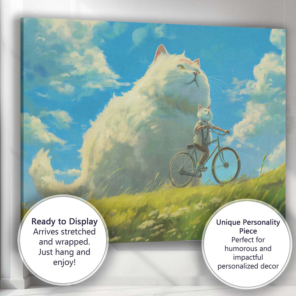 Whimsical Giant White Cat Cycling Countryside Fantasy Canvas Wall Art Print Decor Picture Ready to Hang