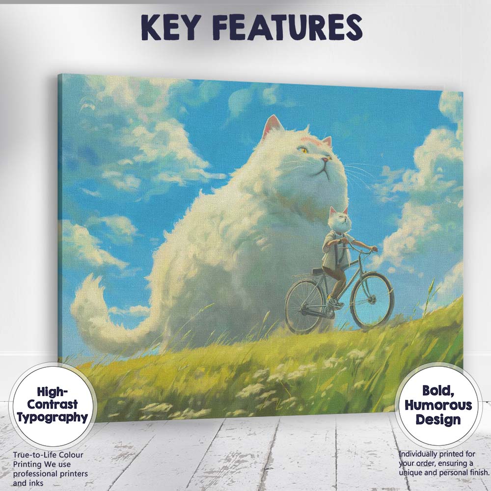 Whimsical Giant White Cat Cycling Countryside Fantasy Canvas Wall Art Print Decor Picture Ready to Hang