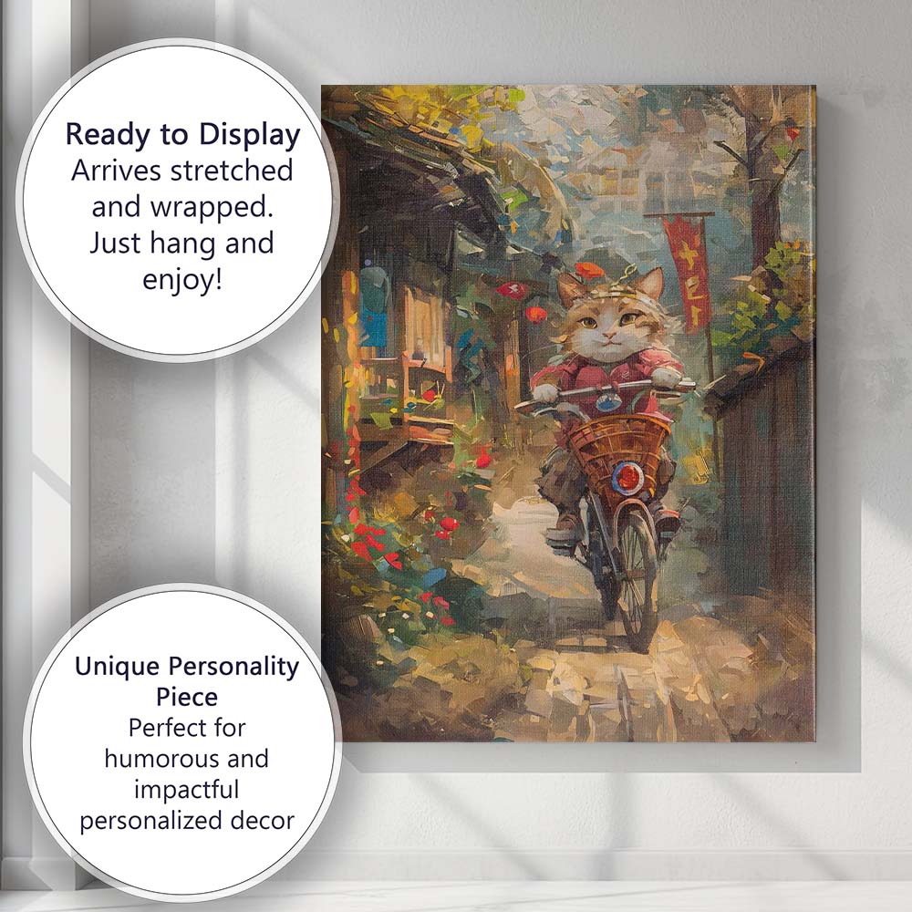 Impressionist Cat Riding Bicycle Village Street Canvas Wall Art Print Decor Picture Ready to Hang