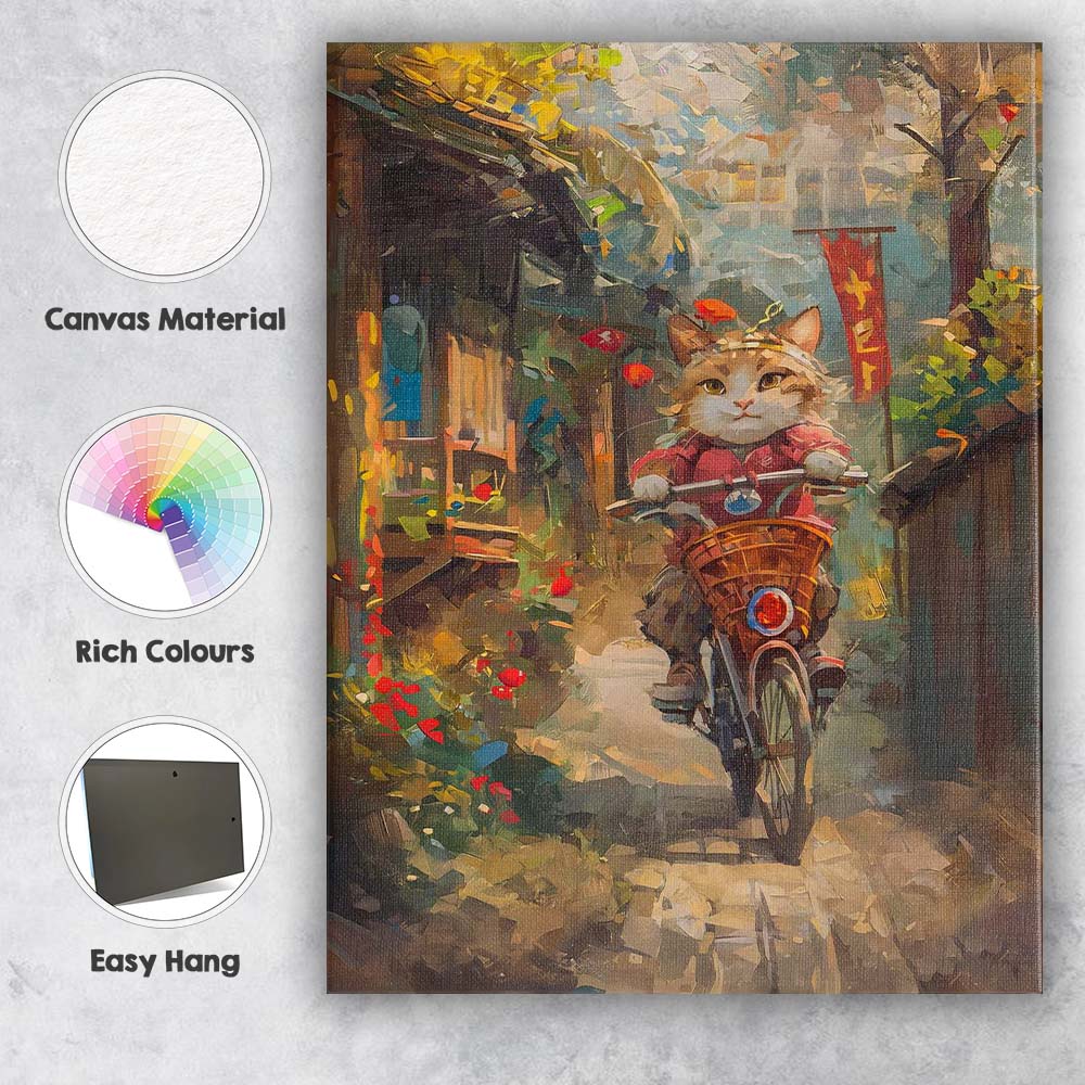 Impressionist Cat Riding Bicycle Village Street Canvas Wall Art Print Decor Picture Ready to Hang