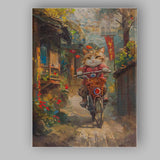 Impressionist Cat Riding Bicycle Village Street Canvas Wall Art Print Decor Picture Ready to Hang