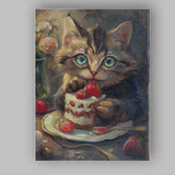 Adorable Kitten Eating Strawberry Cake Painting Canvas Wall Art Print Decor Picture Ready to Hang