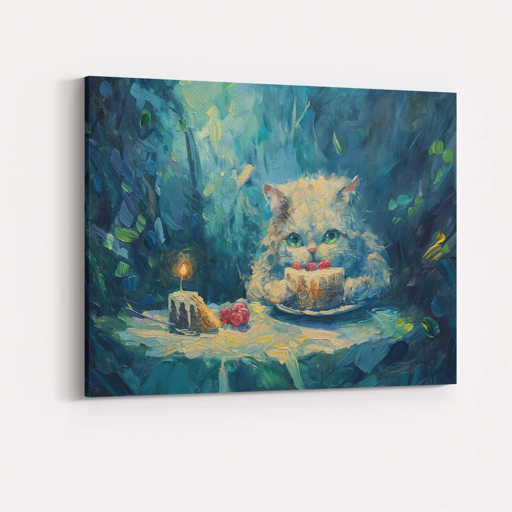 Dreamy White Kitten Birthday Cake Fantasy Painting Canvas Wall Art Print Decor Picture Ready to Hang