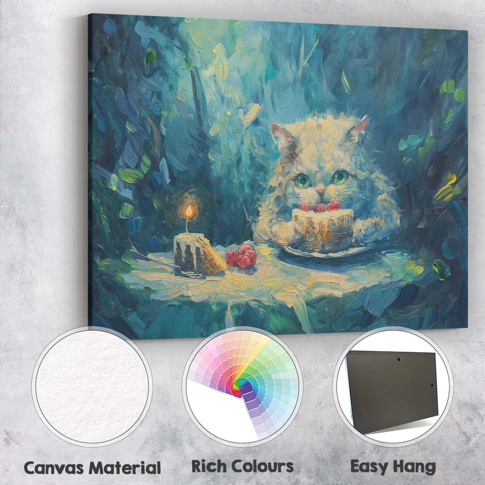Dreamy White Kitten Birthday Cake Fantasy Painting Canvas Wall Art Print Decor Picture Ready to Hang