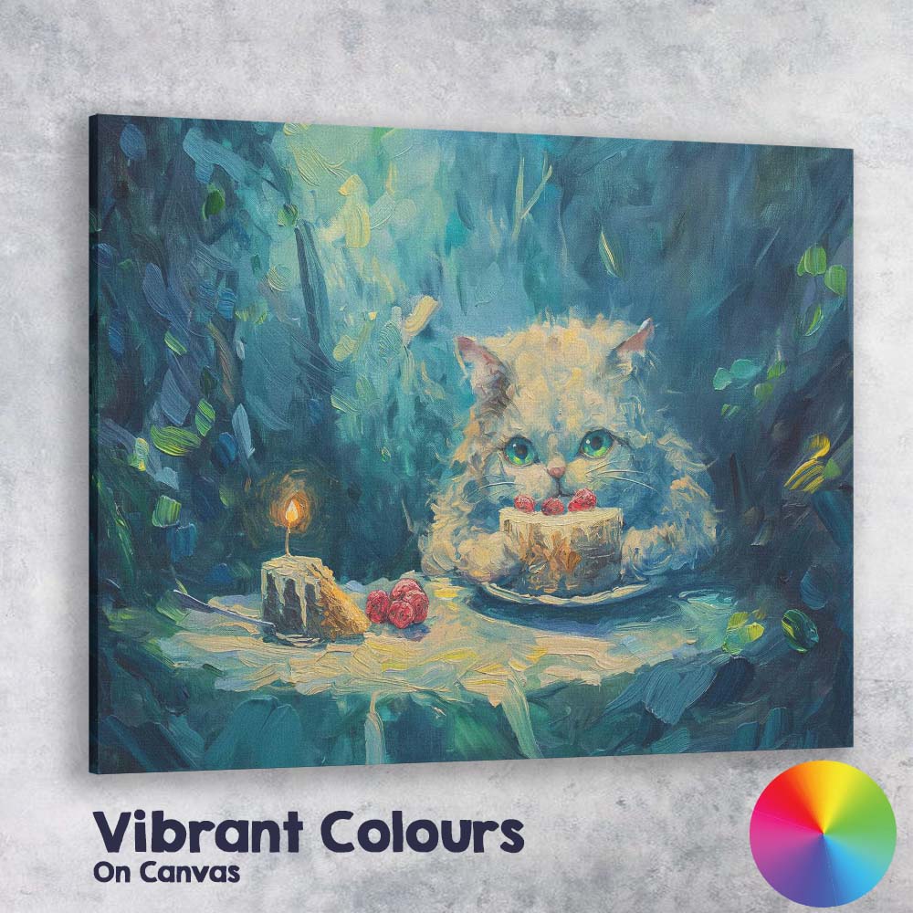 Dreamy White Kitten Birthday Cake Fantasy Painting Canvas Wall Art Print Decor Picture Ready to Hang