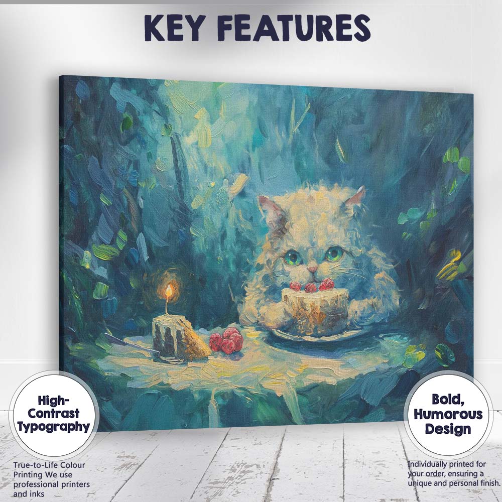 Dreamy White Kitten Birthday Cake Fantasy Painting Canvas Wall Art Print Decor Picture Ready to Hang