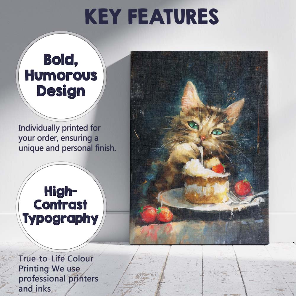 Playful Kitten Eating Cream Cake Strawberry Dessert Canvas Wall Art Print Decor Picture Ready to Hang