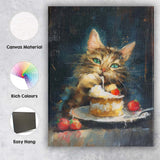 Playful Kitten Eating Cream Cake Strawberry Dessert Canvas Wall Art Print Decor Picture Ready to Hang