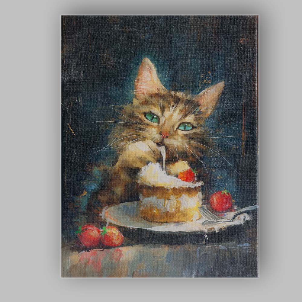 Playful Kitten Eating Cream Cake Strawberry Dessert Canvas Wall Art Print Decor Picture Ready to Hang