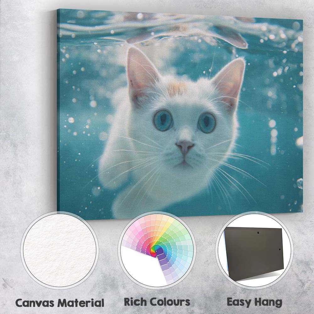 Blue Eyed White Kitten Underwater Portrait Canvas Wall Art Print Decor Picture Ready to Hang