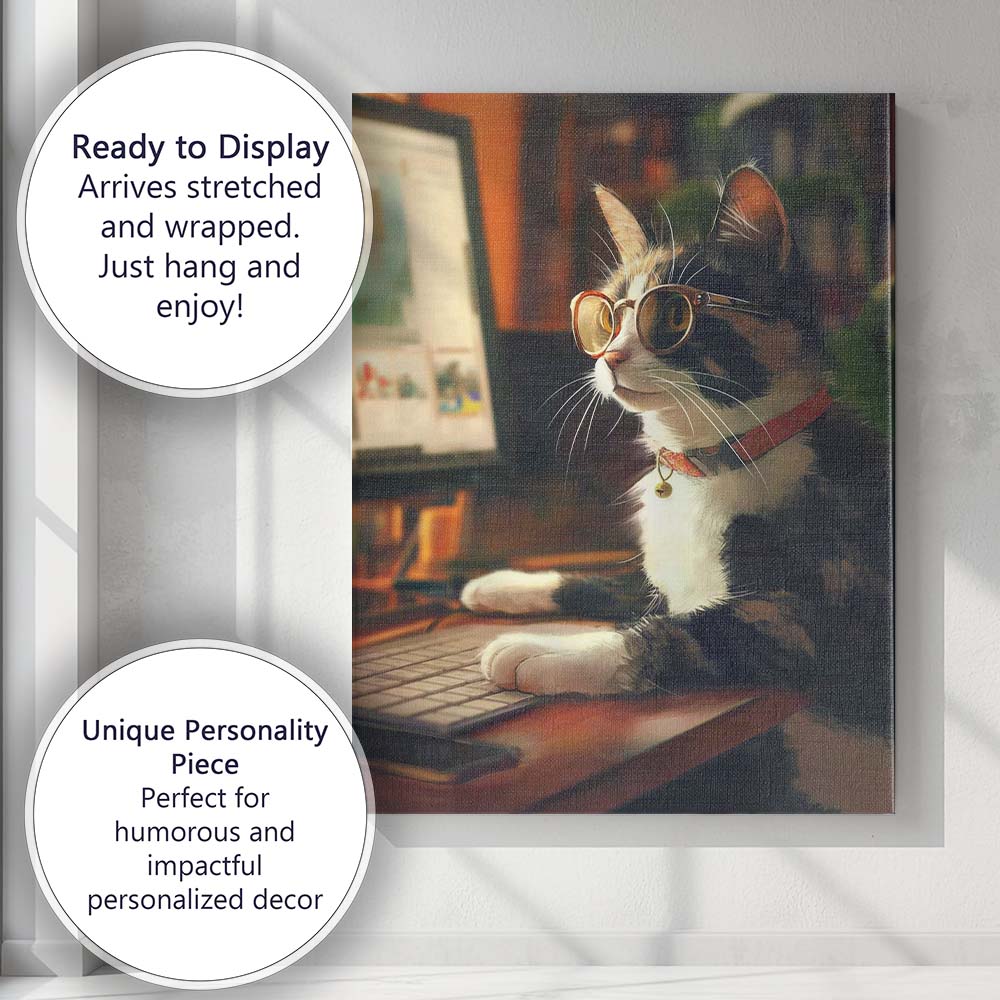 Smart Tuxedo Cat Wearing Glasses Home Office Canvas Wall Art Print Decor Picture Ready to Hang