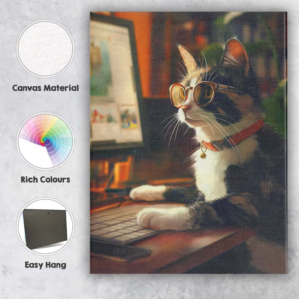 Smart Tuxedo Cat Wearing Glasses Home Office Canvas Wall Art Print Decor Picture Ready to Hang