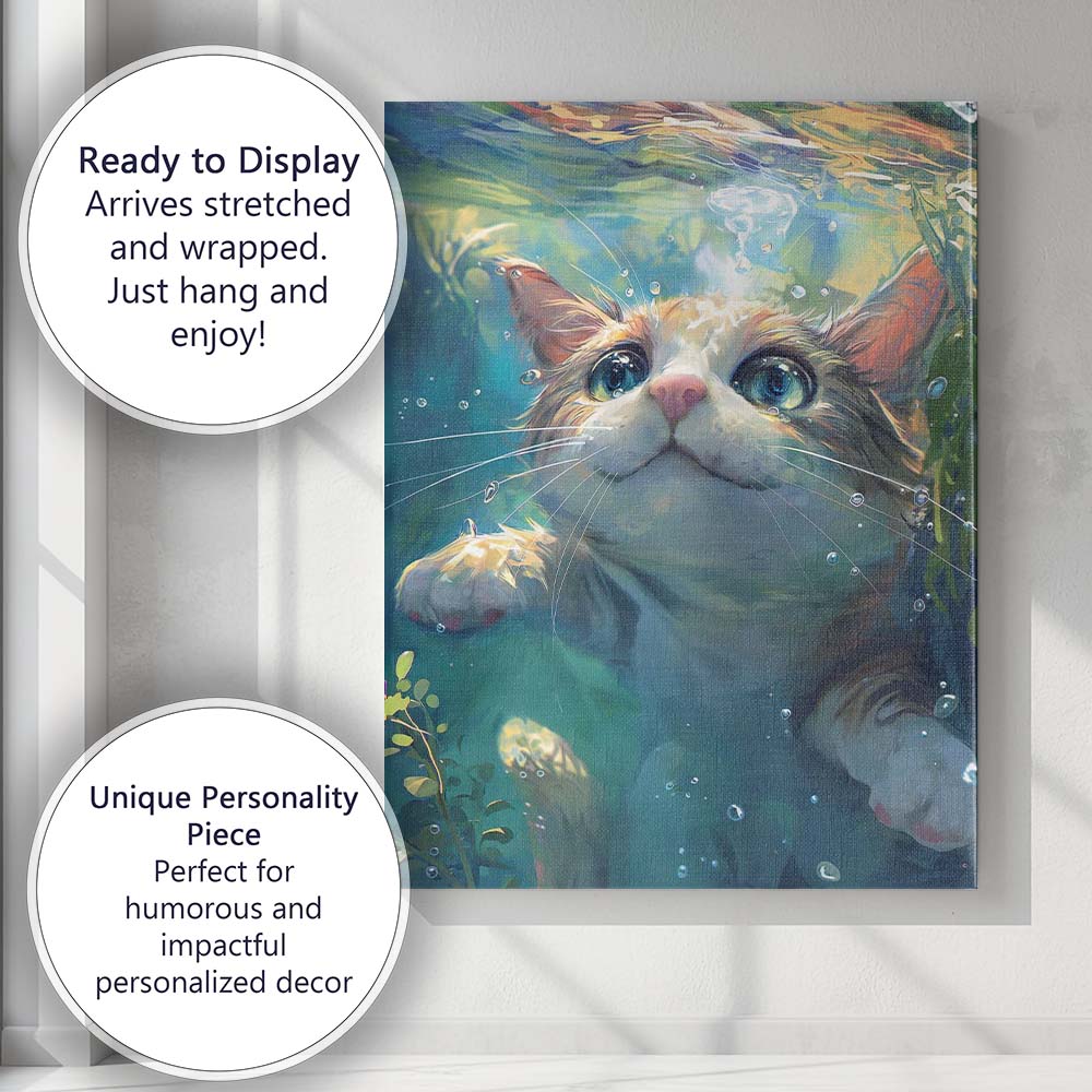 Cute Curious Kitten Underwater Close Up Painting Canvas Wall Art Print Decor Picture Ready to Hang
