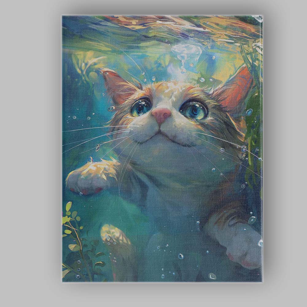 Cute Curious Kitten Underwater Close Up Painting Canvas Wall Art Print Decor Picture Ready to Hang