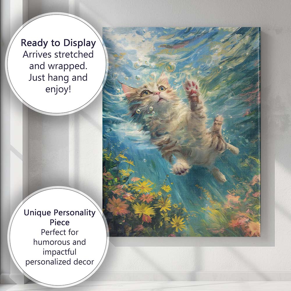 Playful Kitten Swimming Underwater Floral Fantasy Canvas Wall Art Print Decor Picture Ready to Hang