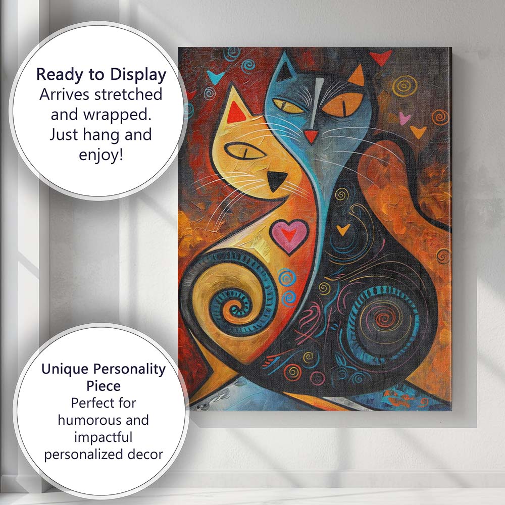 Colourful Abstract Love Cats Modern Cubist Painting Canvas Wall Art Print Decor Picture Ready to Hang
