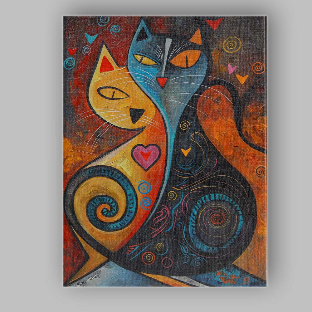 Colourful Abstract Love Cats Modern Cubist Painting Canvas Wall Art Print Decor Picture Ready to Hang