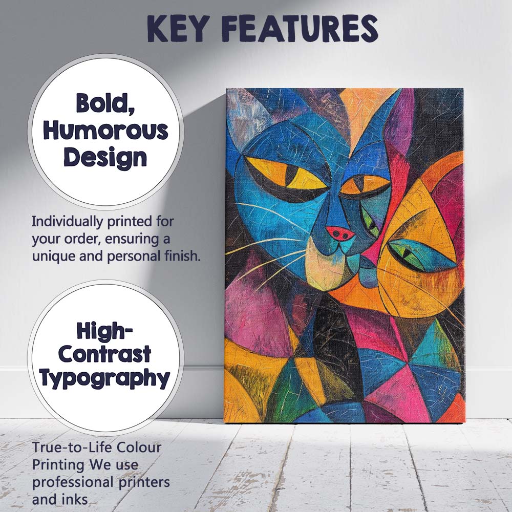 Vibrant Geometric Cat Portrait Abstract Cubist Artwork Canvas Wall Art Print Decor Picture Ready to Hang