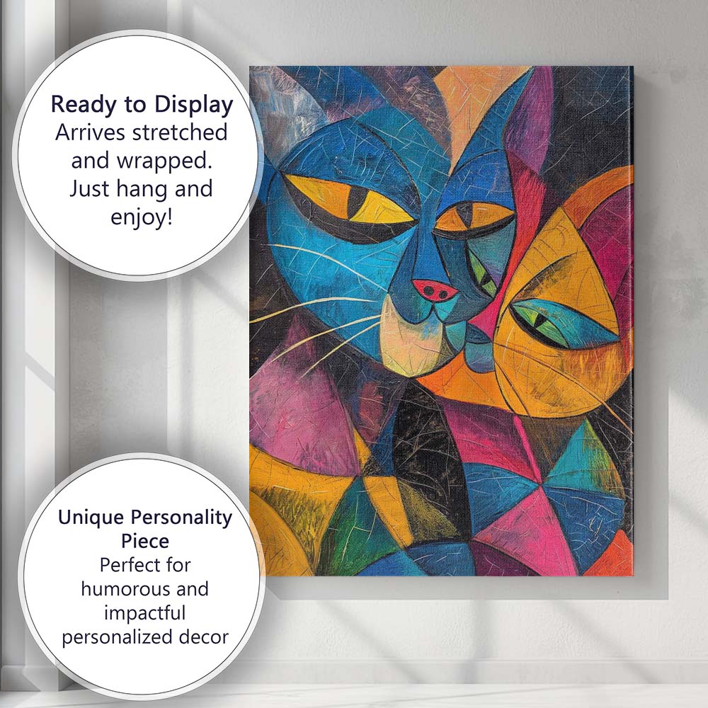 Vibrant Geometric Cat Portrait Abstract Cubist Artwork Canvas Wall Art Print Decor Picture Ready to Hang