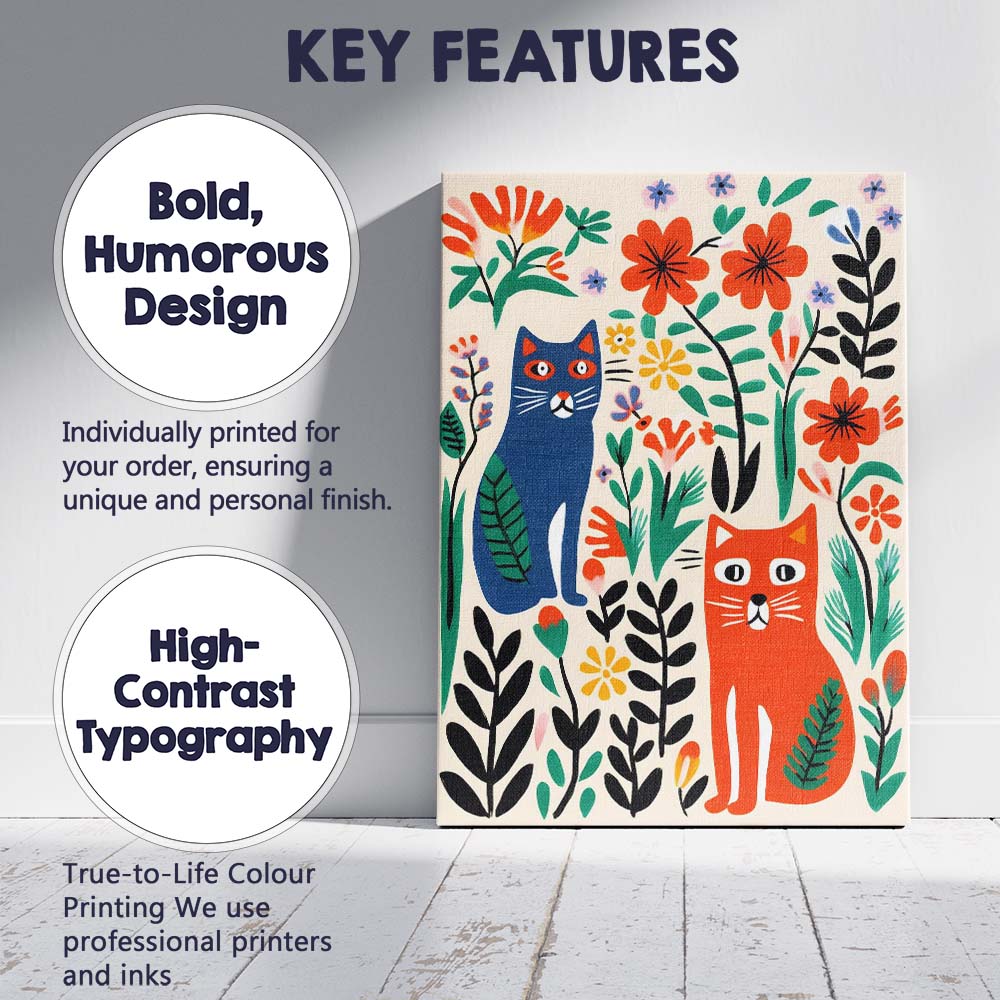 Scandinavian Folk Art Cats And Floral Garden Illustration Canvas Wall Art Print Decor Picture Ready to Hang