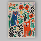 Scandinavian Folk Art Cats And Floral Garden Illustration Canvas Wall Art Print Decor Picture Ready to Hang