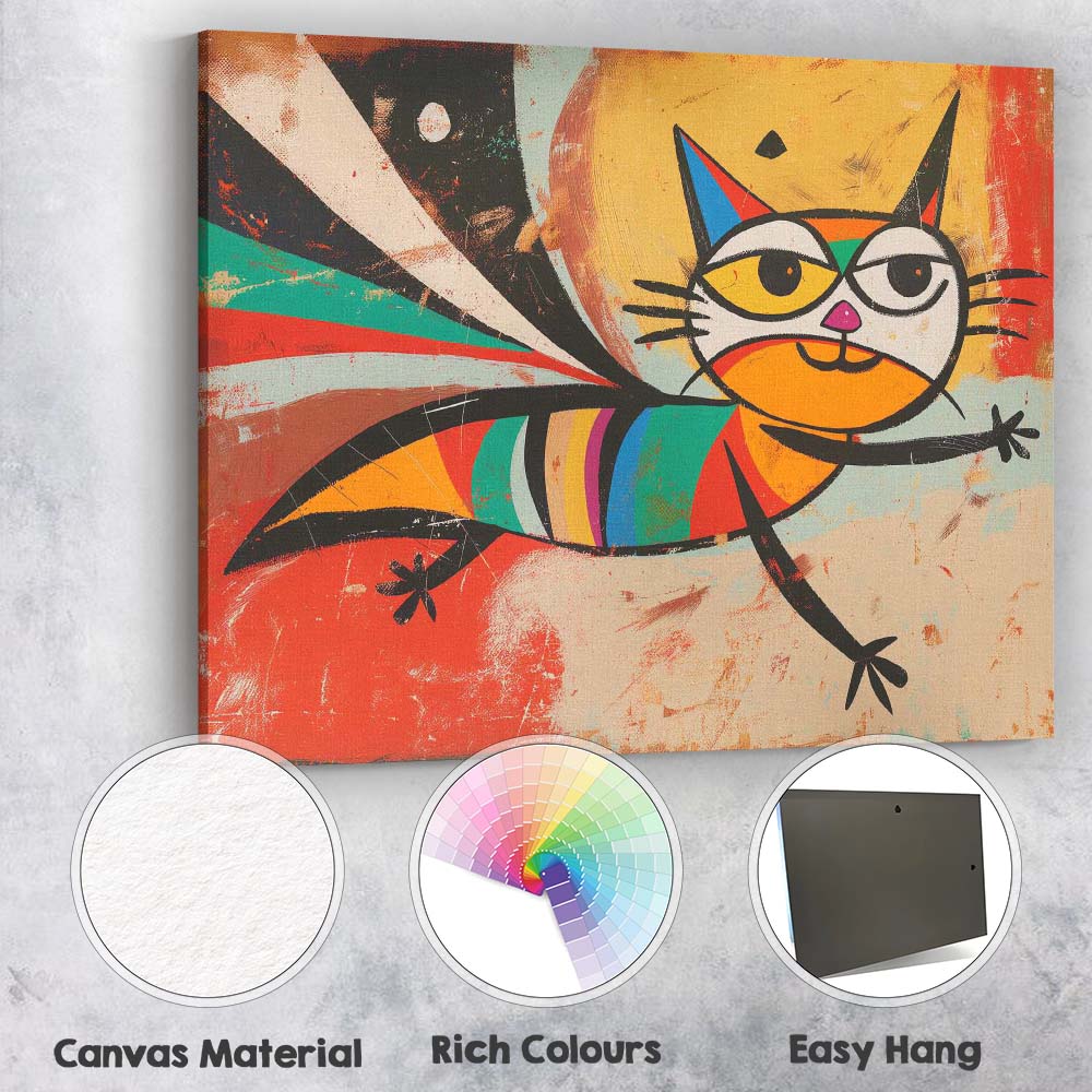 Playful Rainbow Striped Cat Abstract Folk Art Canvas Wall Art Print Decor Picture Ready to Hang