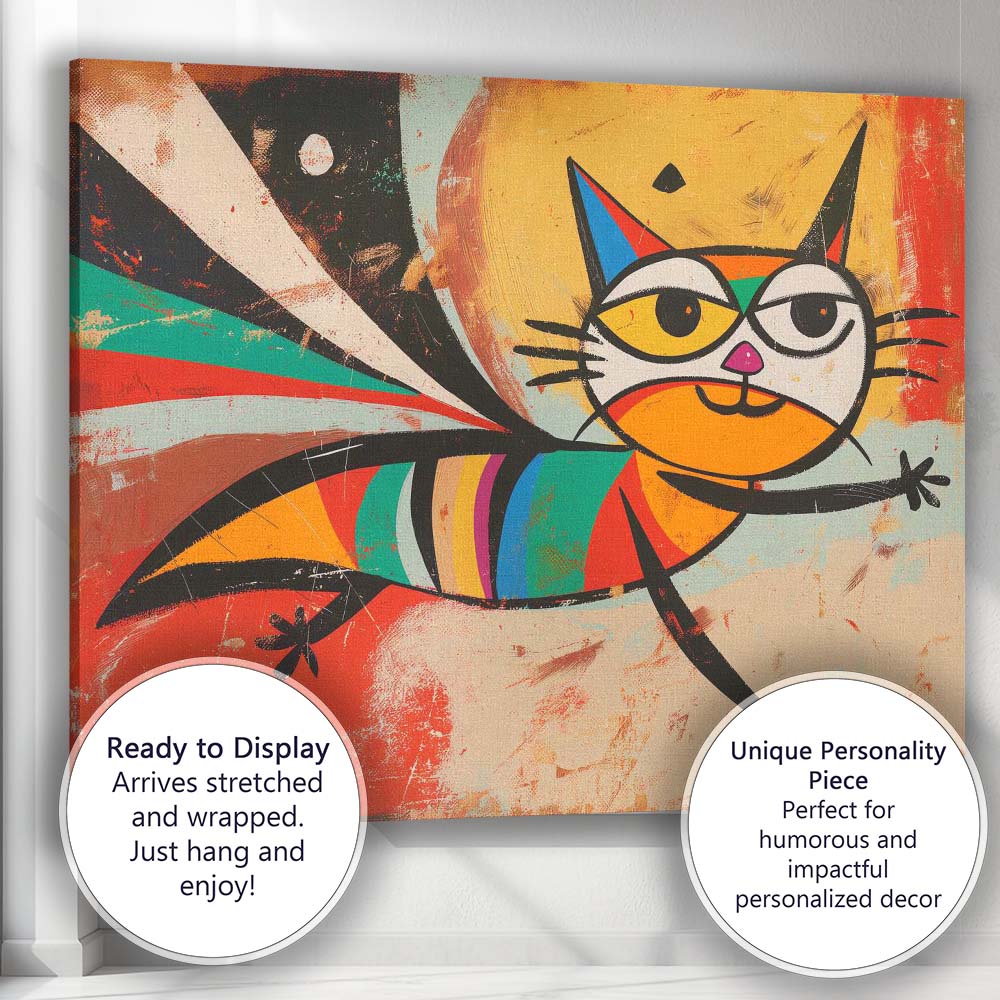 Playful Rainbow Striped Cat Abstract Folk Art Canvas Wall Art Print Decor Picture Ready to Hang