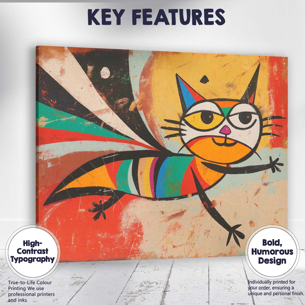 Playful Rainbow Striped Cat Abstract Folk Art Canvas Wall Art Print Decor Picture Ready to Hang