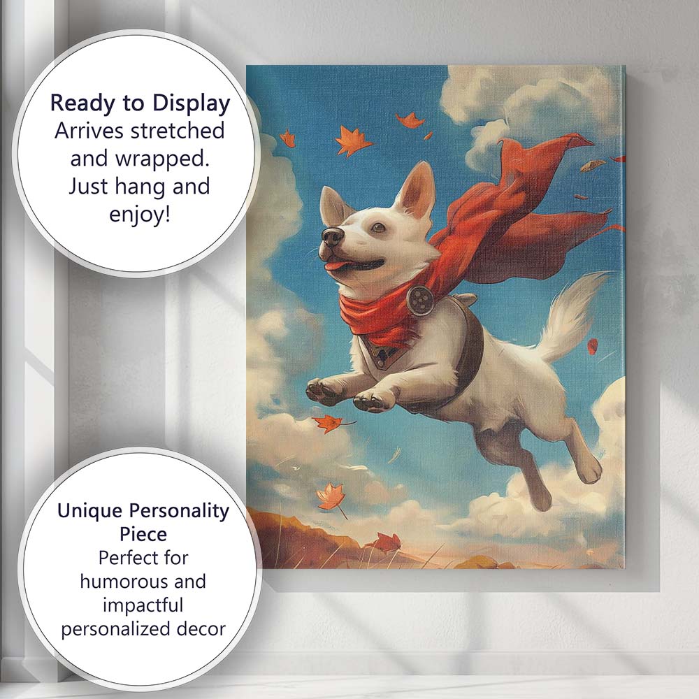 Happy Flying White Dog Autumn Sky Fantasy Canvas Wall Art Print Decor Picture Ready to Hang
