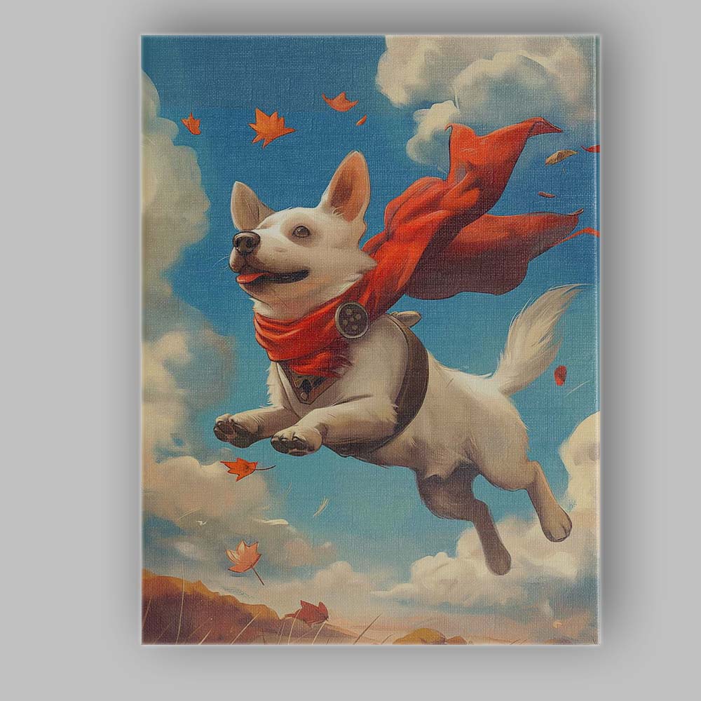Happy Flying White Dog Autumn Sky Fantasy Canvas Wall Art Print Decor Picture Ready to Hang