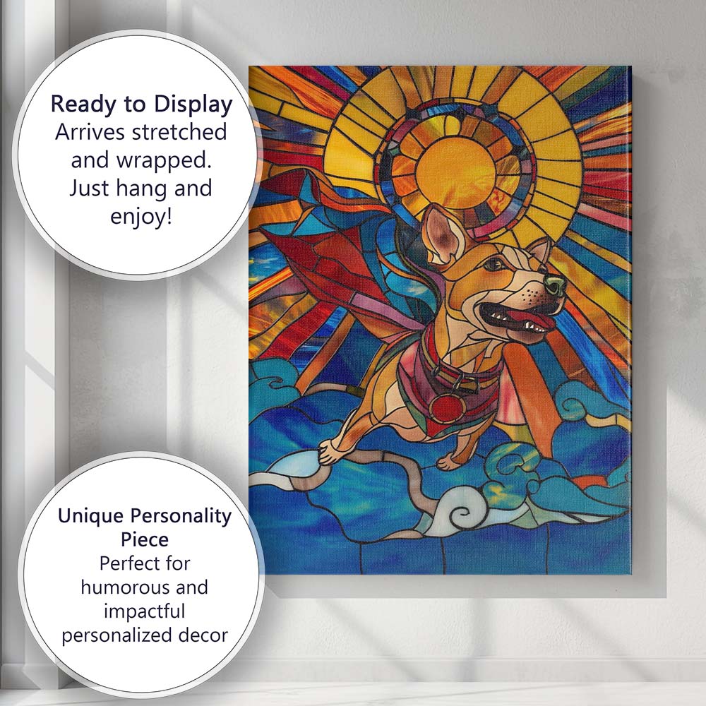 Stained Glass Superhero Dog Sunburst Fantasy Art Canvas Wall Art Print Decor Picture Ready to Hang