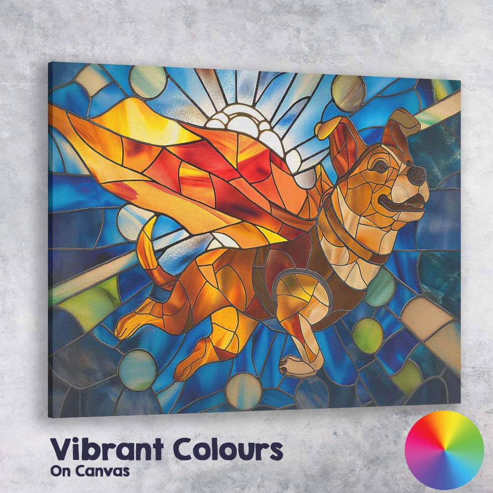 Stained Glass Flying Dog Blue Sky Fantasy Canvas Wall Art Print Decor Picture Ready to Hang