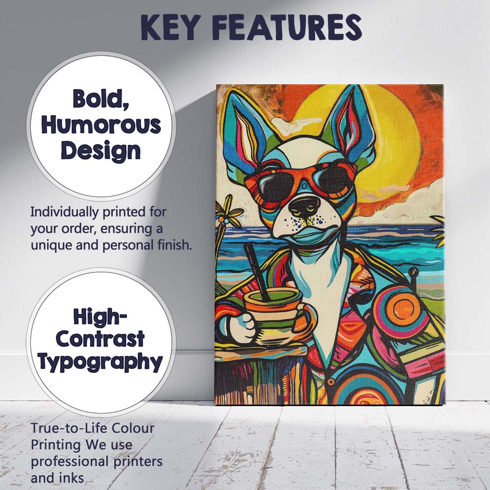 Colourful Pop Art Chihuahua Beach Cocktail Sunset Canvas Wall Art Print Decor Picture Ready to Hang