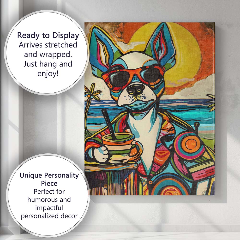 Colourful Pop Art Chihuahua Beach Cocktail Sunset Canvas Wall Art Print Decor Picture Ready to Hang