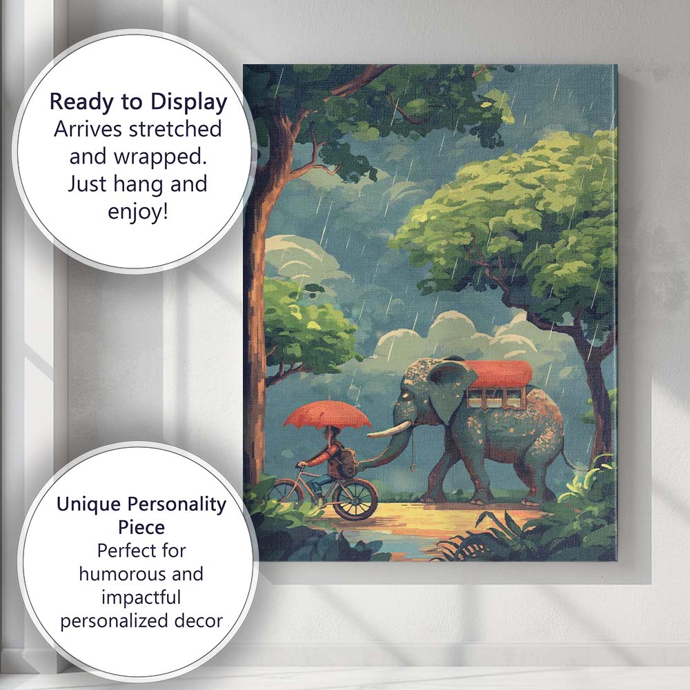 Whimsical Elephant Forest Rain Adventure Illustration Canvas Wall Art Print Decor Picture Ready to Hang